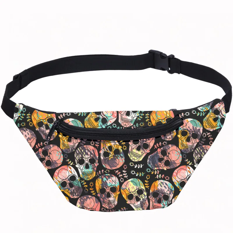 

VEEVANV Waterproof Men Waist Bags Fashionable Skull Printed Unisex Black Waist Belt Bag Fanny Pack Casual Chest Bag Belly Pouch