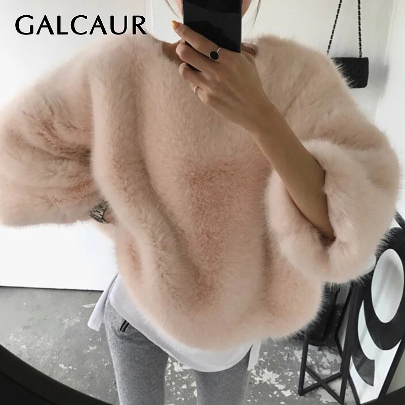 Повседневные женские толстовки GALCAUR с мехом Пуловеры круглым вырезом и длинными