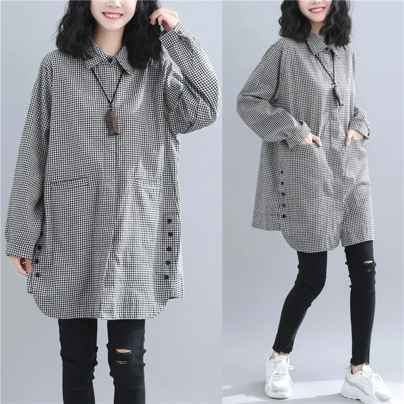 Женская рубашка с отложным воротником EWQ Повседневная Свободная в клетку