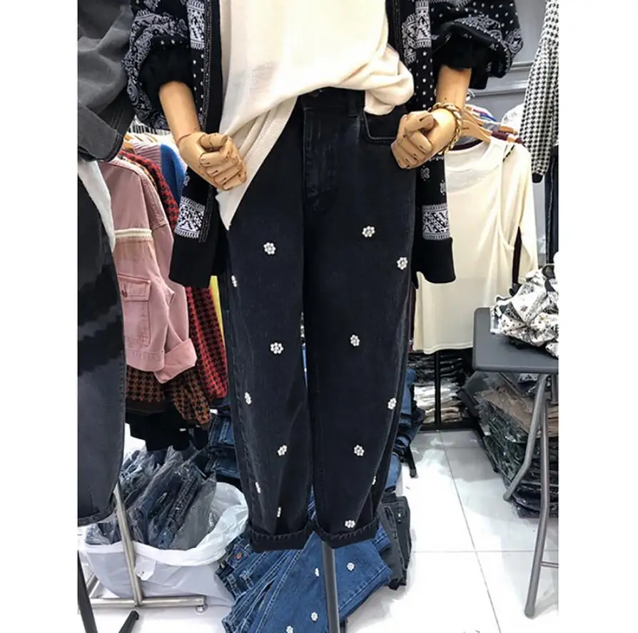 

Fashion Beaded pearl flower black washed jeans women elastic waist casual loose denim pants s399