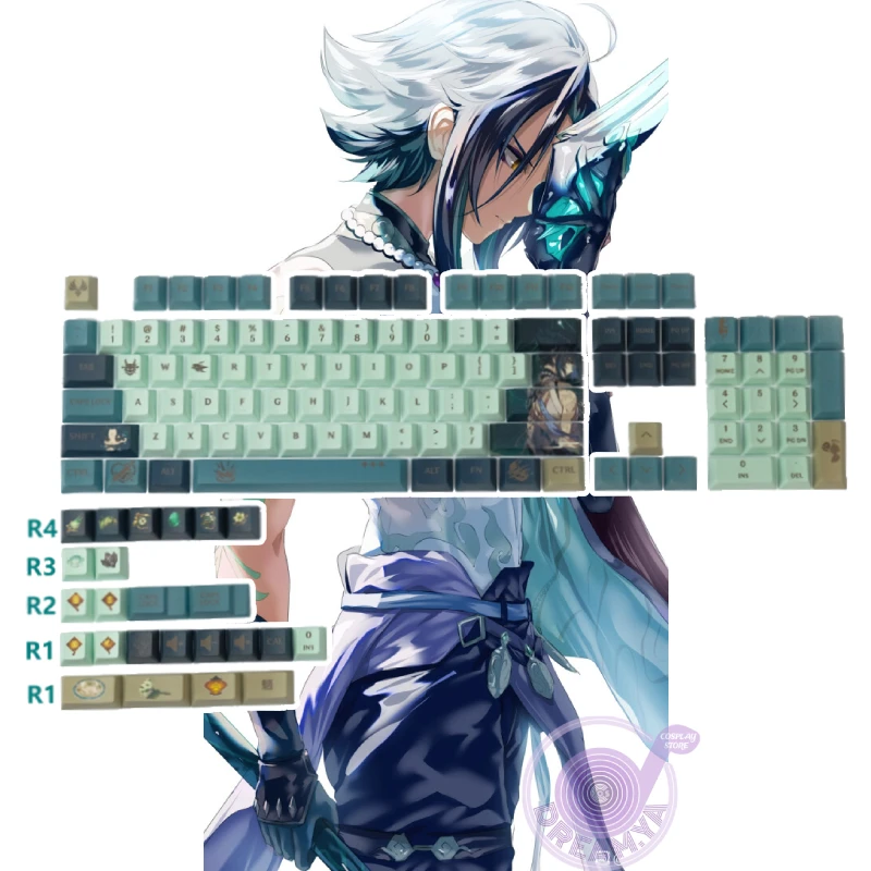 

Game Genshin Impact Xiao Theme Cosplay Mechanical Keyboard Keycaps for 87/104/108 Keys Fashion Keyboard Key Caps Collection Gift