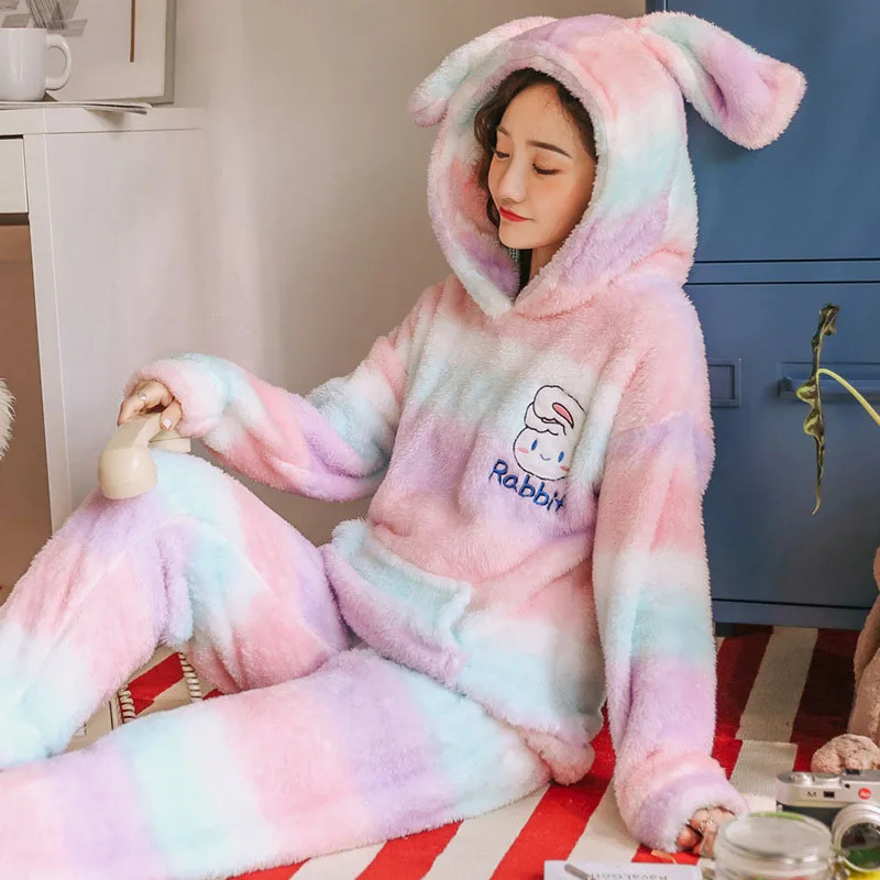 2019 зимние женские пижамы теплые утолщенные набор милые уши животные мультфильм с