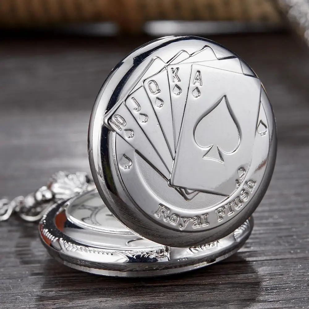 silver Дизайн циферблата винтажный Королевский Флеш покер кварцевые карманные бронзовые часы Серебристые черные игральные карты часы с подвеской на цепочке - Цвет: silver