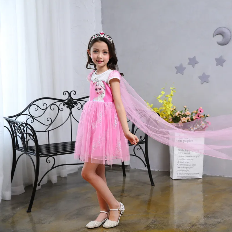 Pink Short Sleeve Платье для девочек Рождественские Утепленные зимние платья принцессы Эльзы для девочек маскарадная одежда-пачка с накидкой на день рождения для малышей и подростков 3, 6, 8 лет - Цвет: Pink Short Sleeve