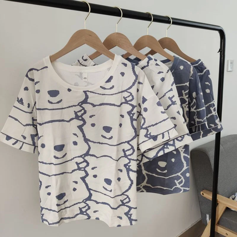 

Summer Knitted Cotton Pajamas Women Thin Short Sleeve Sleepwear Leisure Pullover Shorts Two Piece Set Cartoon Bear Lounge Wear