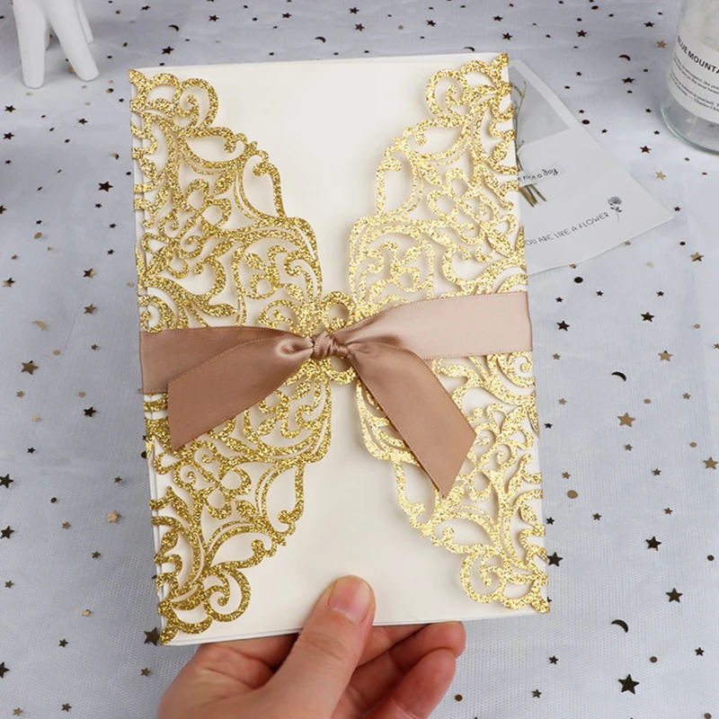 100 шт. блестящие бумажные свадебные открытки лазерная резка визитки с лентой