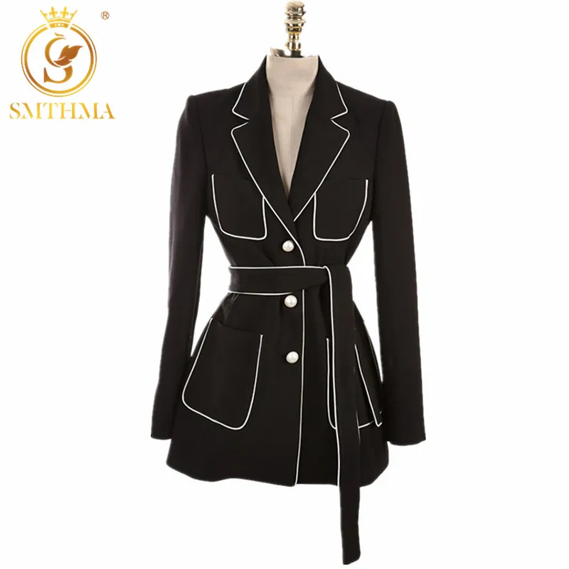 Coat SMTHMA, новинка, высокое качество, подиум, однобортный черный Блейзер, зубчатый воротник, женские блейзеры с длинным рукавом, Женский блейзер, свободный пояс - Цвет: Coat
