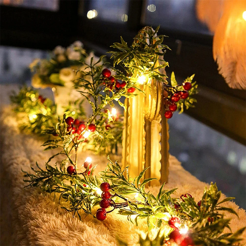 

Рождественская сказочная гирлянда из красных ягод, фруктов, сосны, игл, праздничная гирлянда, лампа 2/3 м, 20/30 светодиодов для украшения свадь...