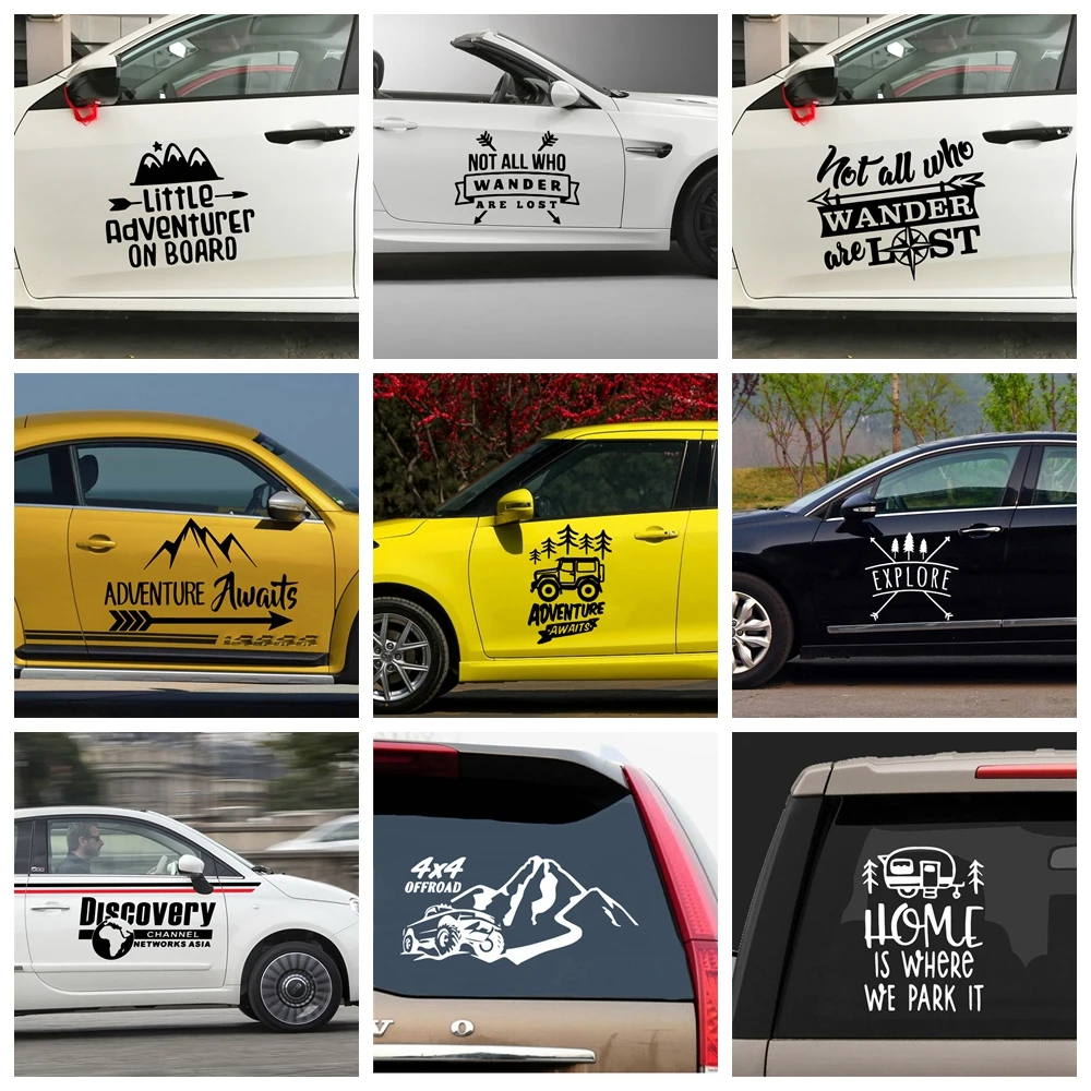 

Fashion Vinyl Adventure Awaits Quote Car Sticker Mountain Car Stickers For Window Auto Body Frase Decal Motorcycle Decor