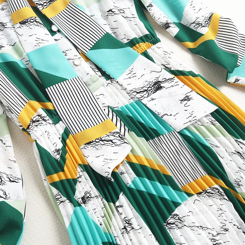 

Elegant Designers Color Block Geometric Print Chiffon Dress Spring Woman Clothes Long Sleeve Robe Femme Midi Holiday Vestidos