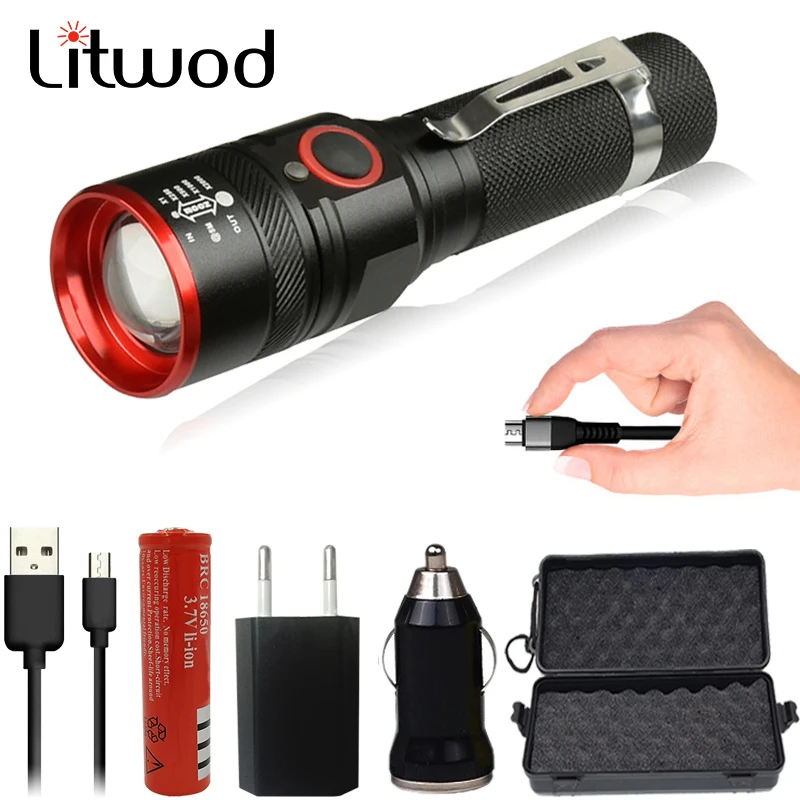 Litwod Z90 1511 XM T6 4000лм светодиодный фонарик с подзарядкой Micro USB, масштабируемый фонарь с 3 режимами для 18650, с usb-кабелем, для кемпинга