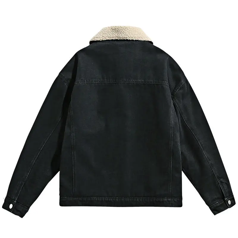 

Winter Men's Coat Denim Jacket Embroidered Lamb Wool Simple Stand-up Collar Street Shooting Loose Casual Male Lapel Clothes