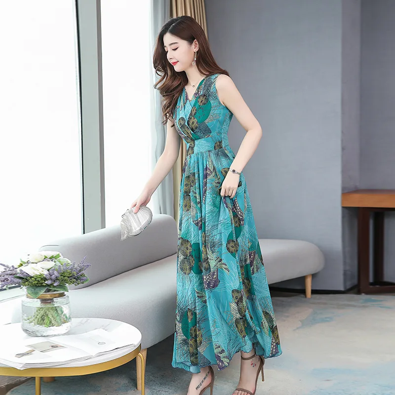 

2021 chiffon dress women's slim fit in summer, long silk-like beach dress and big swing dress new style
