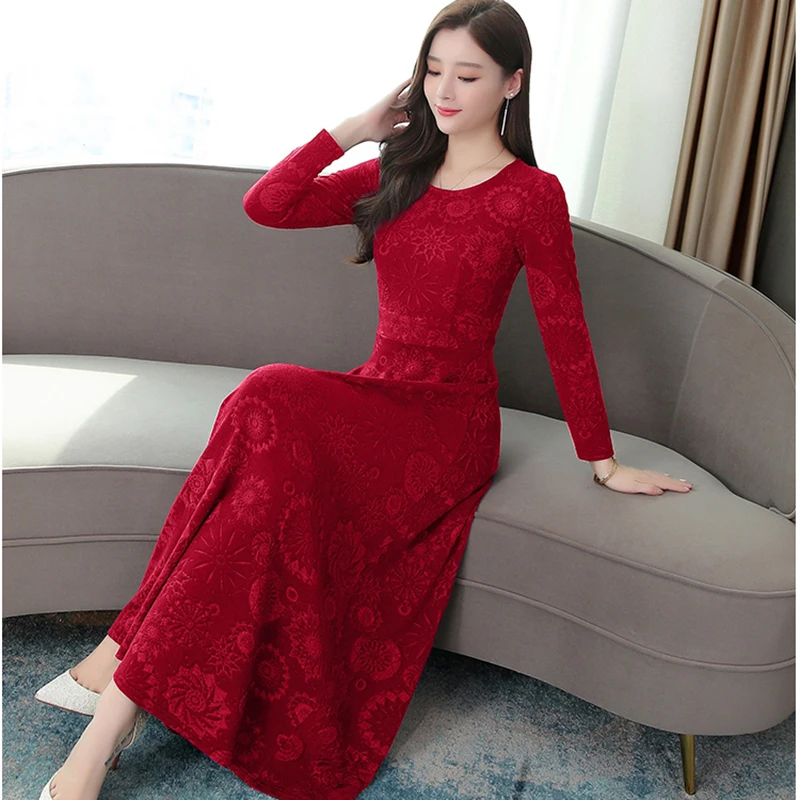 Осень новый круглый вырез вязаный жаккард с длинными рукавами платье