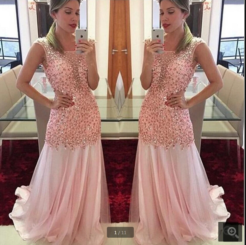 

2020 Vestido De Festa pink chiffon mermaid prom dress heavily beading crystals sparkly illusion sexy prom gowns formal dresses