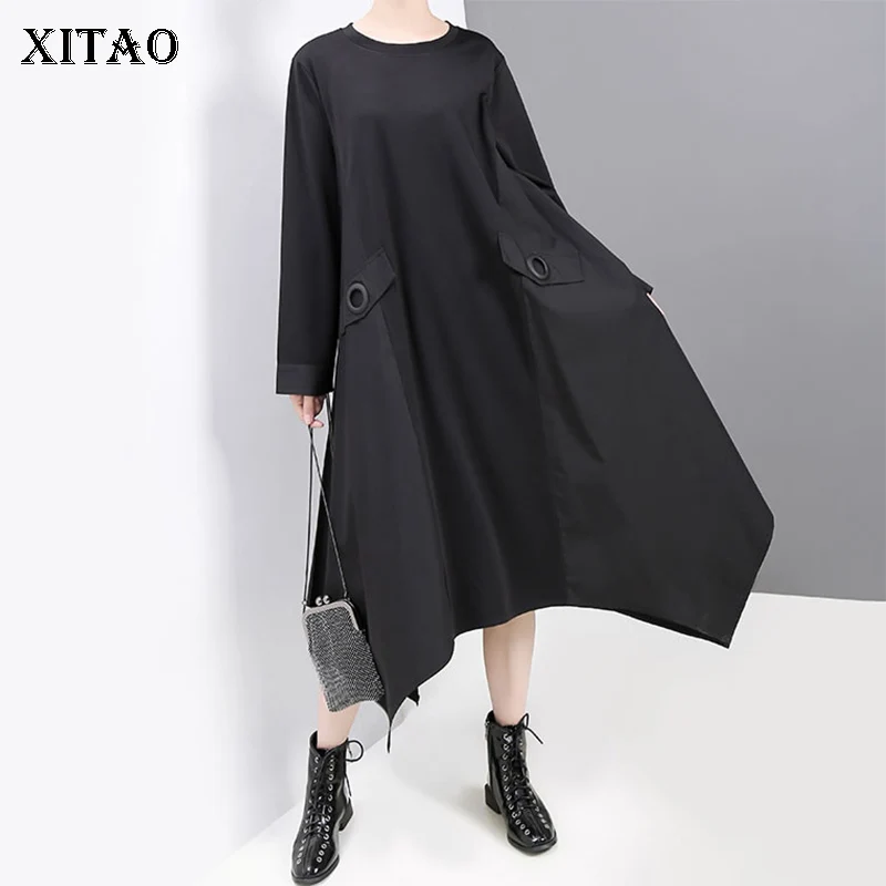 XITAO плюс размер лоскутное неправильное платье женская одежда модный карман полый