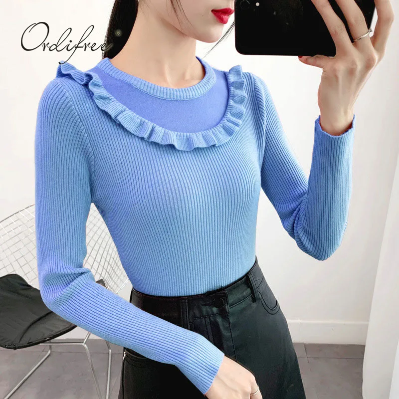 

Ordifree 2020 Autumn Winter Women Sweaters and Knitted Pullover Long Sleeve Cute Pink Ruffle Sweater