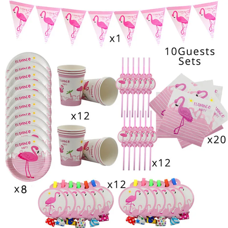 1set tableware set Вечерние принадлежности фламинго, тропические Гавайские вечерние принадлежности, бумажный шарик, тарелки, соломенные украшения для первого дня рождения детей - Цвет: 1set tableware set