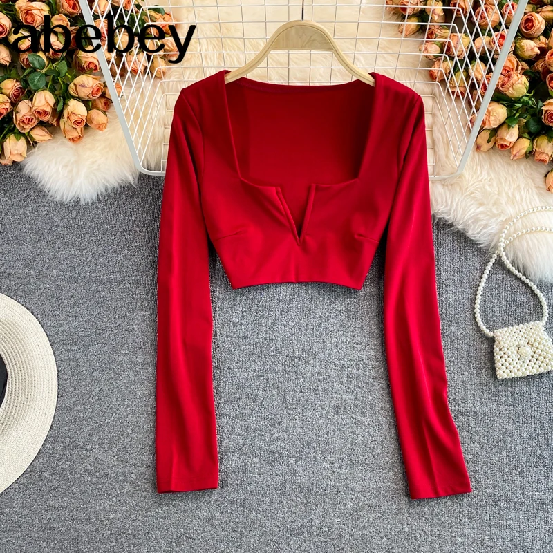 

2021 New Summer French Vintage square collar long sleeve T-Shirt sexy high waist short off navel solid short T-Shirt