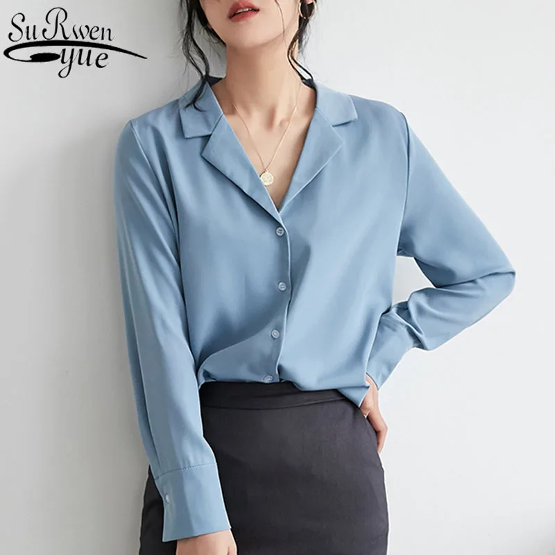 

2021 Spring Long Sleeve Blouse Women Solid Loose Woman Shirt Korean Tops Lapel Collar Chiffon Blouse Button Office Lady Clothes
