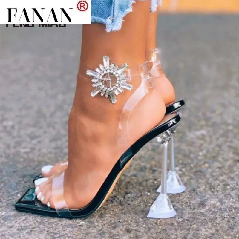 

NEW 11.5 cm Square Toe Summer Women Sandals Fashion Transparent Spike Heels Thin High Heel Buckle Strap Party Dress Ladies Shoes