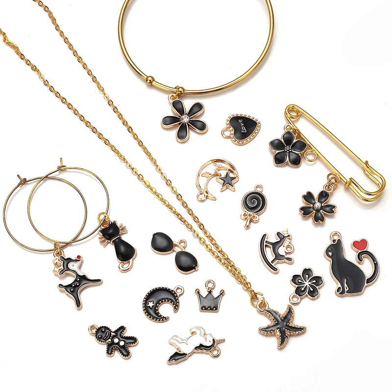 30 шт. эмалевые подвески в форме капли Смешанные Подвески виде черного кота цветка