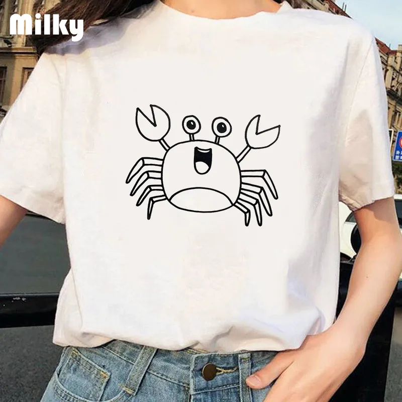 Женская футболка с принтом краба милые топы коротким рукавом и круглым вырезом