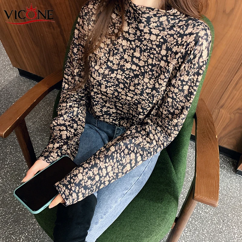 VICONE размера плюс водолазка Элегантные новые рубашки с принтом женские весенние