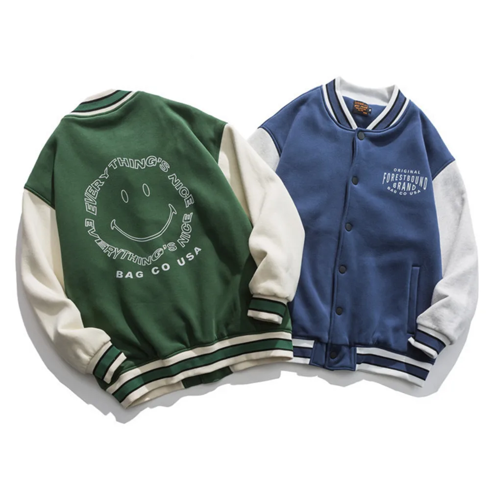 

2021 New Spring&Autumn Letter Smiley Print Men's Baseball Jacket Harajuku Varsity Bomber Coat Unisex Varsity Couple Uniform Coat