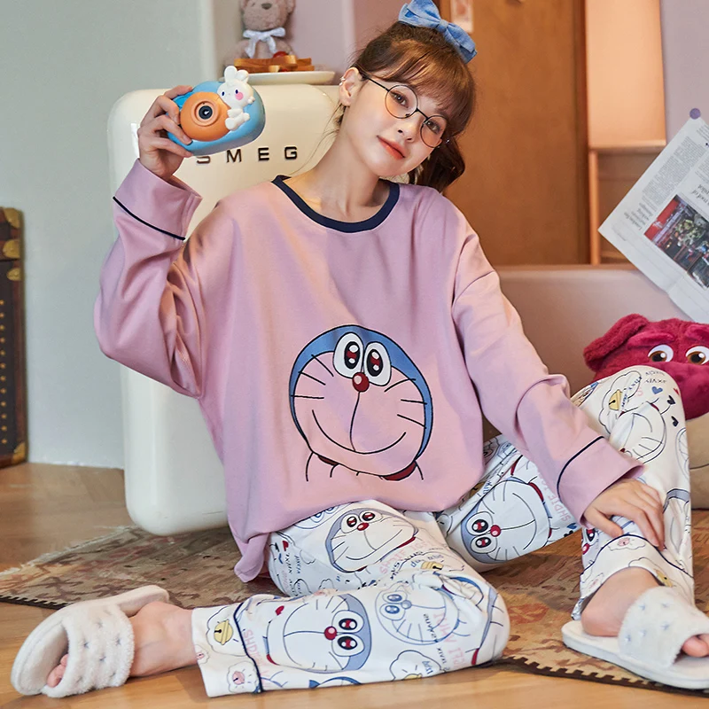 

Women Cotton Winter Pajamas Set Kawaii Cartoon Anime Doraemon Sleepwear Korean Cute Pink Long Sleeve Women Thick Warm Pajamas