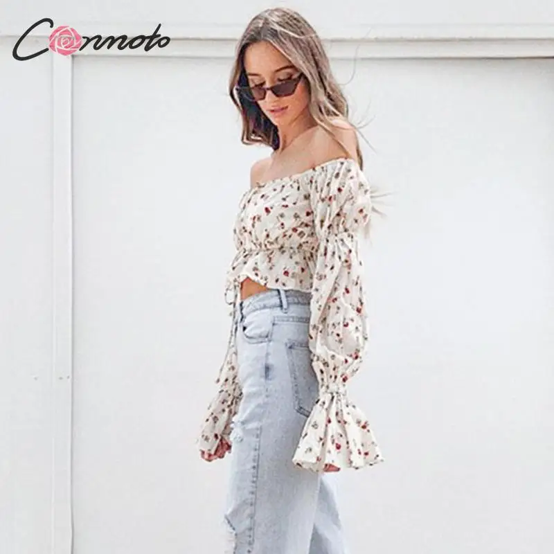 Conmoto Модные женские короткие топы с цветочным принтом и блузка женская Повседневная Праздничная короткая рубашка с длинными рукавами на шнуровке шикарный рукав-колокол