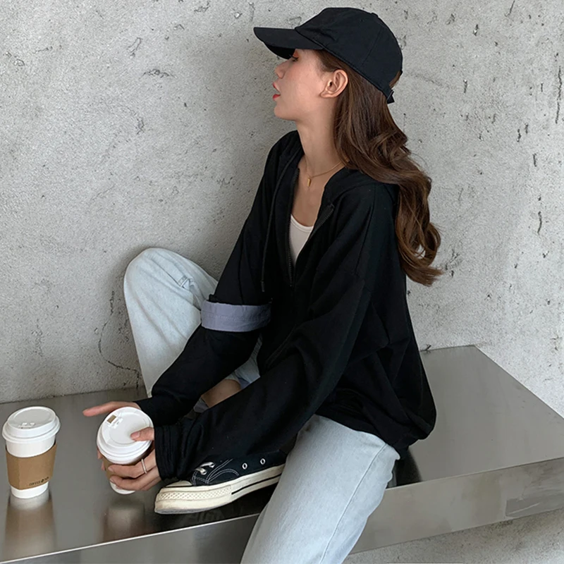 CDJLFH Black Zipper Sweatshirt Winter Jacket Clothes Long Sleeve Pullover Hoodies Women Harajuku Vintage Warm Pockets Sweatshirt