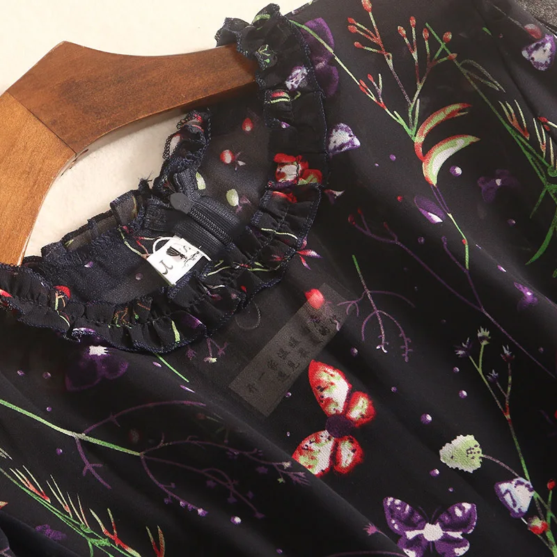 

Spring Autumn Printed Chiffon Dress Female Fashion Stand Collar Long Sleeves Slim A-line knee-length Dress For Women 50b