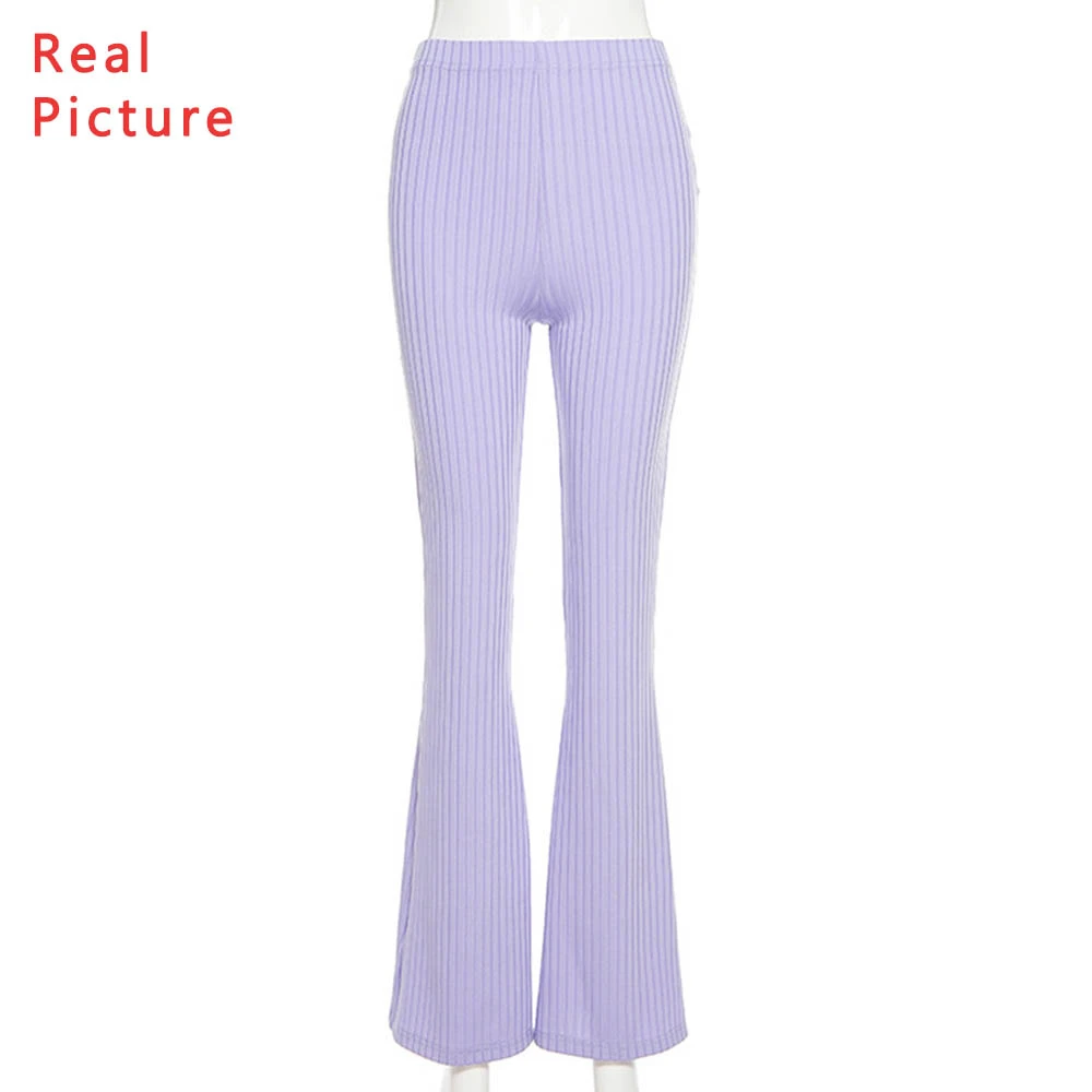 

Missnight Sweet Knitted Ribbed Flare Pants Slim Striped Bodycon Pants High Waist Trousers Vintage
