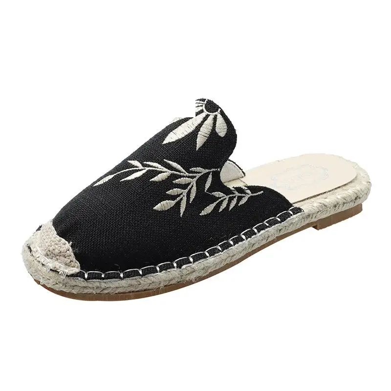 

Flat Shoes Female Ladies' Slippers Mules For Women 2021 Cover Toe Low Flower Rubber Fisherman Fabric PU TPR Hoof Heels Hemp Basi