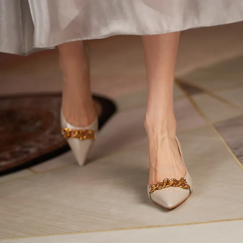 

Handmade Genuine Natural Real Leather Thin High Heels Pumps Women D'orsay Two-piece Style Gold Metal Chain Beige Orange Shoes 40