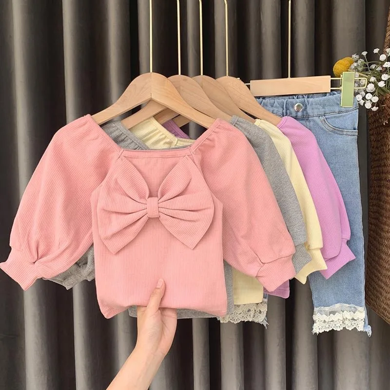 Футболка для маленьких девочек на весну и осень розовая футболка с бантом милая