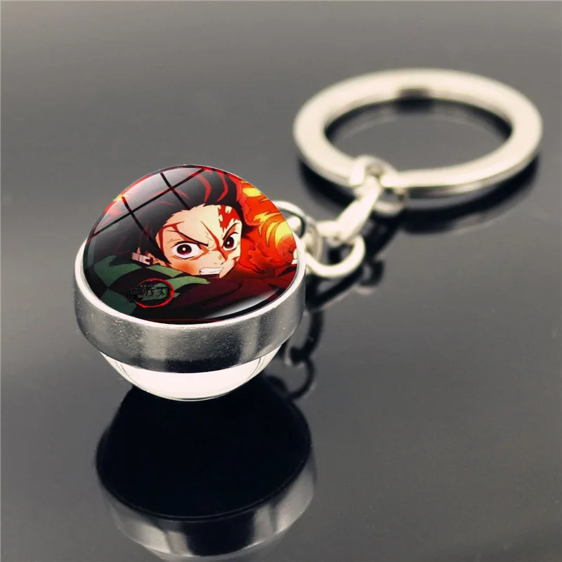 Demon Slayer Keychain Anime Cosplay Kimetsu No Yaiba Kamado Tanjirou Key Ring Double-sided Glass Ball Pendant Accessory Gift