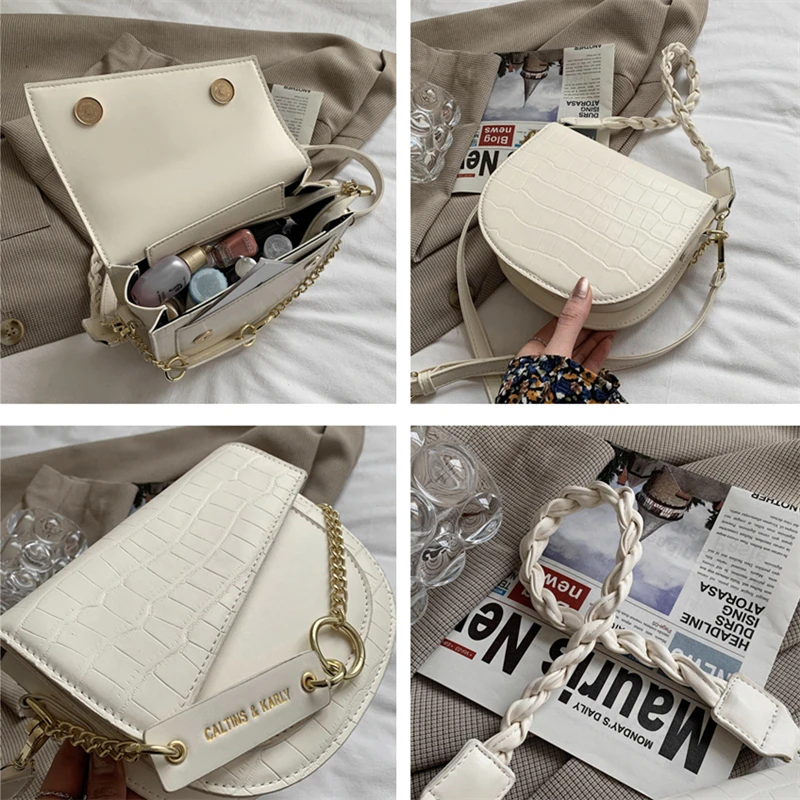 

Fashion Stone Pattern Chain-link Top Handle And Twist Strap Shoulder Bags For Women Mini Saddle Purse High Quality Crossbody Bag