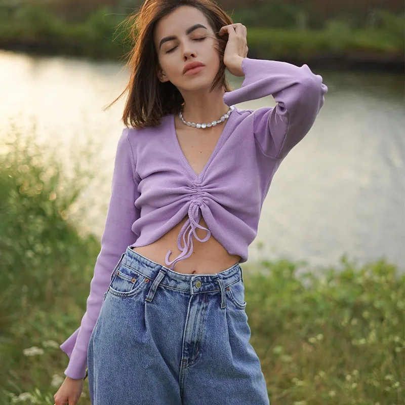 

Ladies Casual Autumn Fashion V-neck Trumpet Sleeve Long Drawstring Slim Purple Crop Top Pleated Pure Color Simple Sweet T-shirt