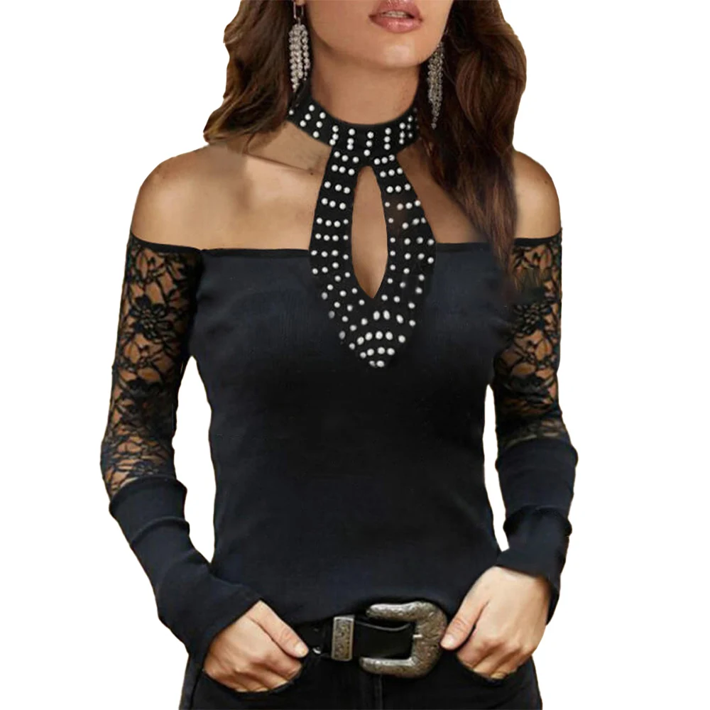 

Solid Slash Neck Lace Sequins Tops Halter Stitching Hollow Out Mesh Off Shoulder Tees Long Sleeve Ladies Female Slim Fit Shirts