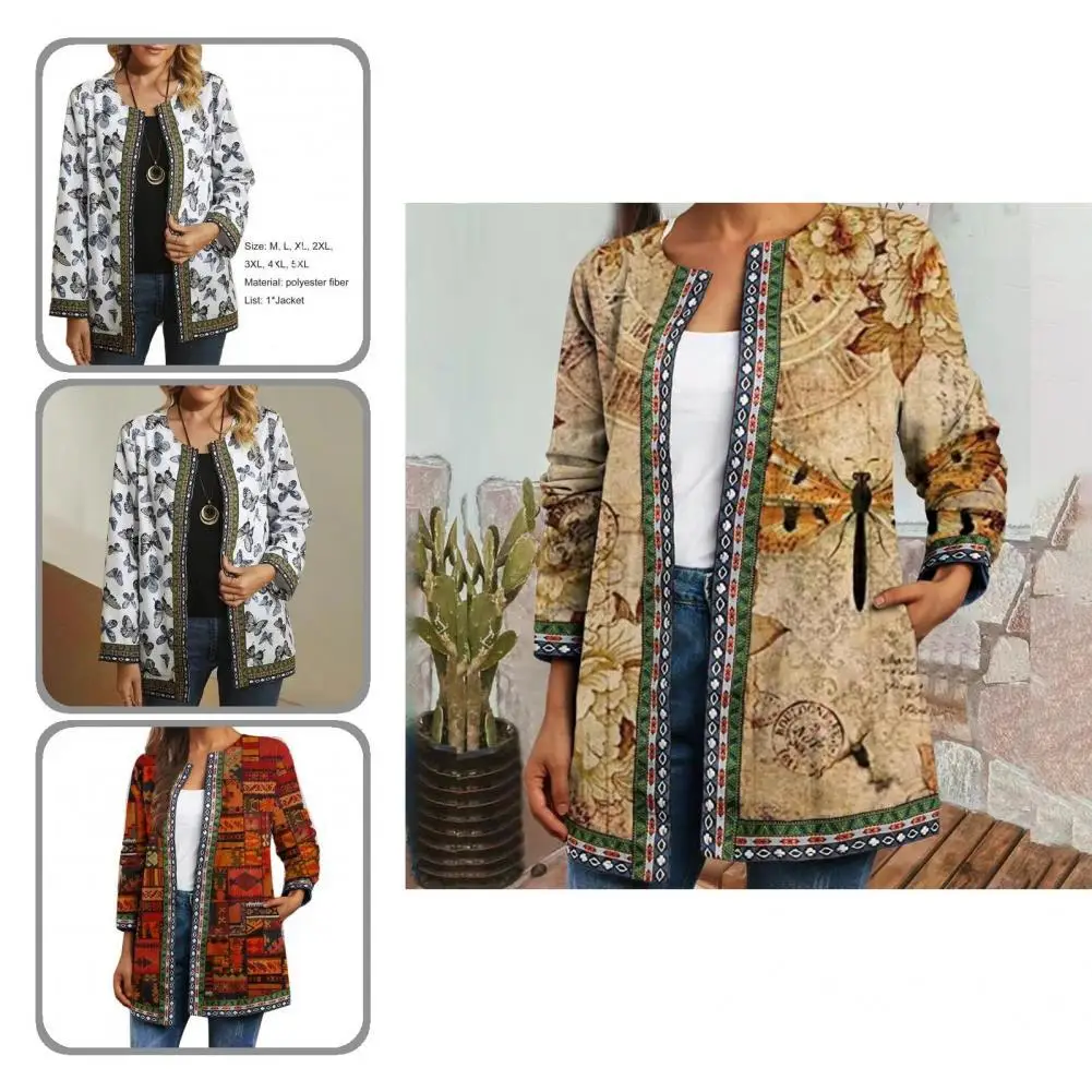 

Women Jacket Printed Vintage Skin-friendly Loose-fitting Round Neck Coat