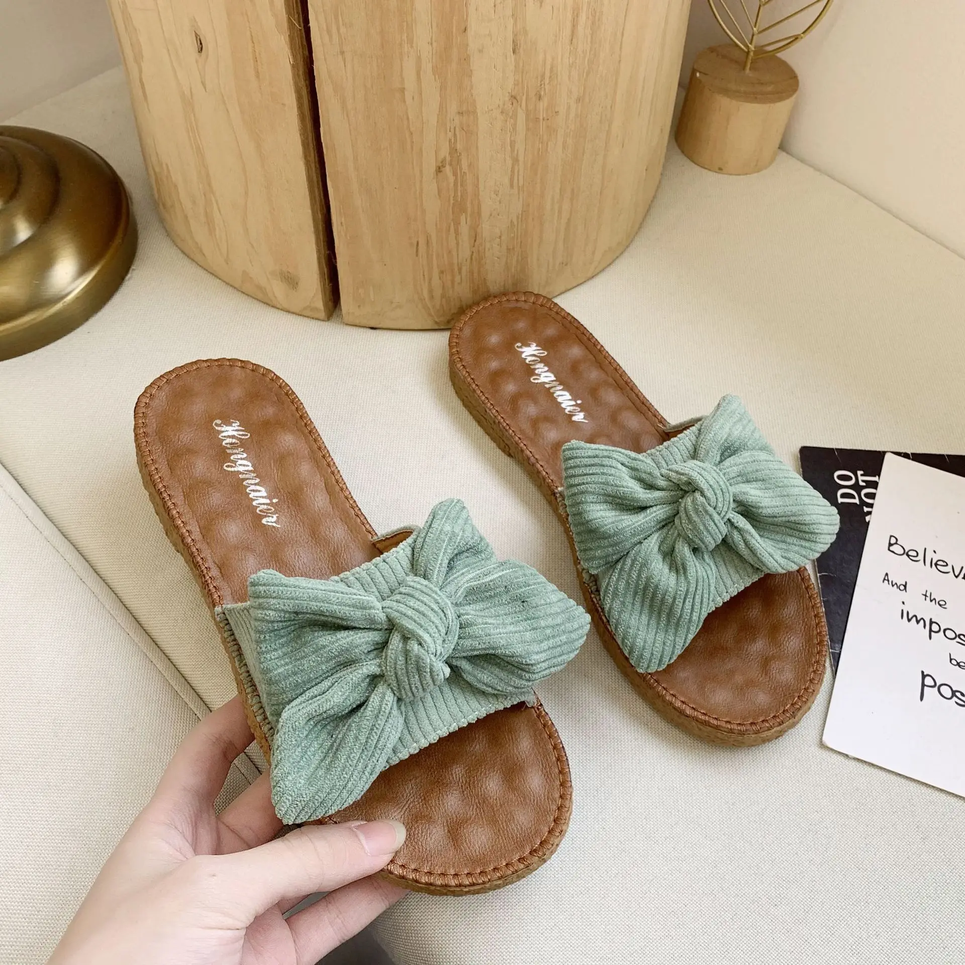 

Slippers Women Summer Luxury Slides Female Shoes Butterfly-Knot Designer 2021 Flat Fabric Basic PU Fashion Butterfly-knot Rubber