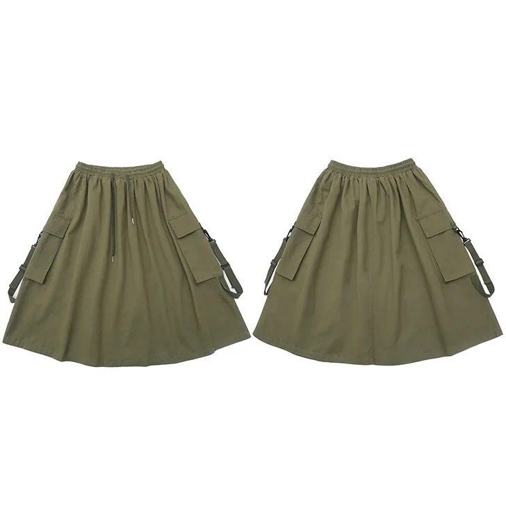 A68967 Green Harajuku Женская юбка Уличная хип карго юбка большие Боковые карманы модная Корейская юбка Свободная линия икры Длина хлопок - Цвет: A68967 Green