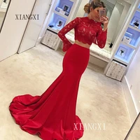 red two pieces evening dresses lace mermaid evening dress full sleeves floor length formal gowns party dresses vestidos