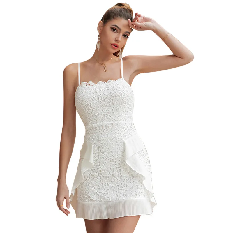 

Women's White Lace Dress 2021 Summer Sundresses Beach Party Elegant Backless Ruffle Sleeveless Sexy Strap Mini Dresses Vestidos