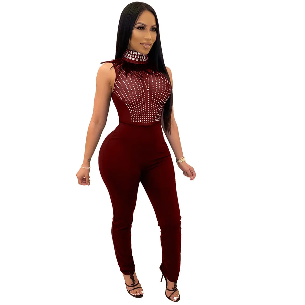 Стразы с бриллиантами праздвечерние чный комбинезон перьями Женский сетчатый