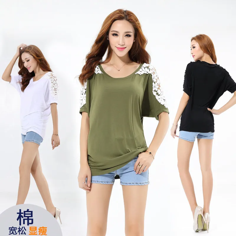 

Plus Size Women's Fat MM Female Summer Loose and Thin Bat Shirt Short-Sleeved T-Shirt Wild Hollow Top Tide