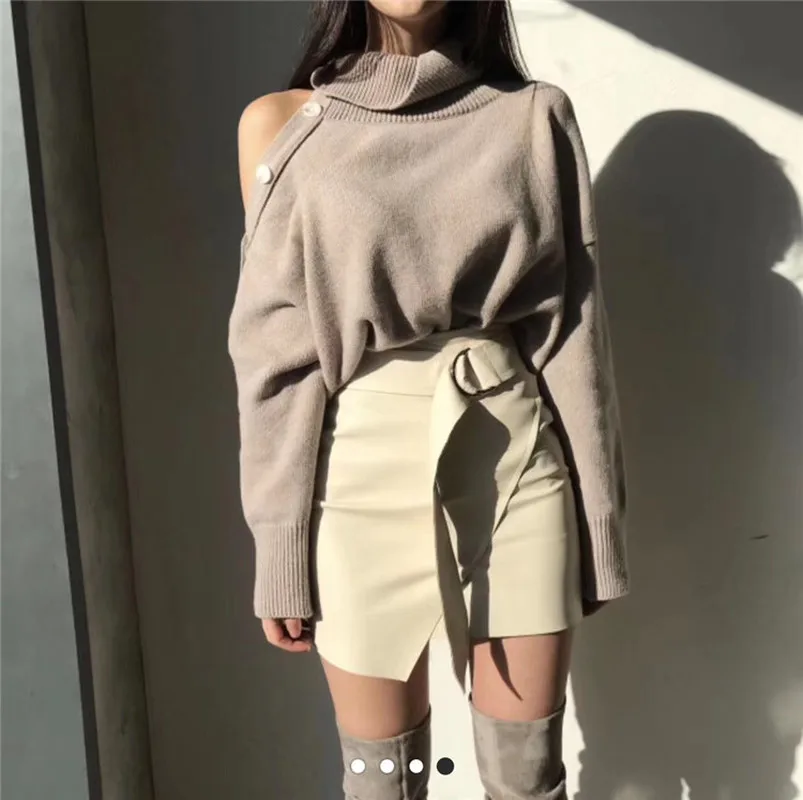 

Ailegogo 2020 Fall Women's New Off Shoulder Sweater Pullover One shoulder Turtleneck Buttons Loose Knitted Casual Solid Tops