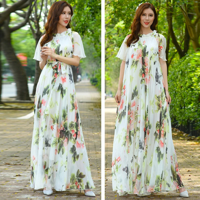 

Vintage Chic Women Hippie White Floral Print Ruffle Chiffon Bohemian Dress Ladies Short Sleeve Boho Maxi Dresses Vestidos